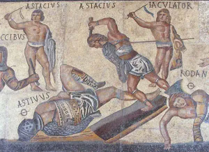 “Gladiators in the circus”, mosaic of the imperial age, Galleria Borghese, Rome